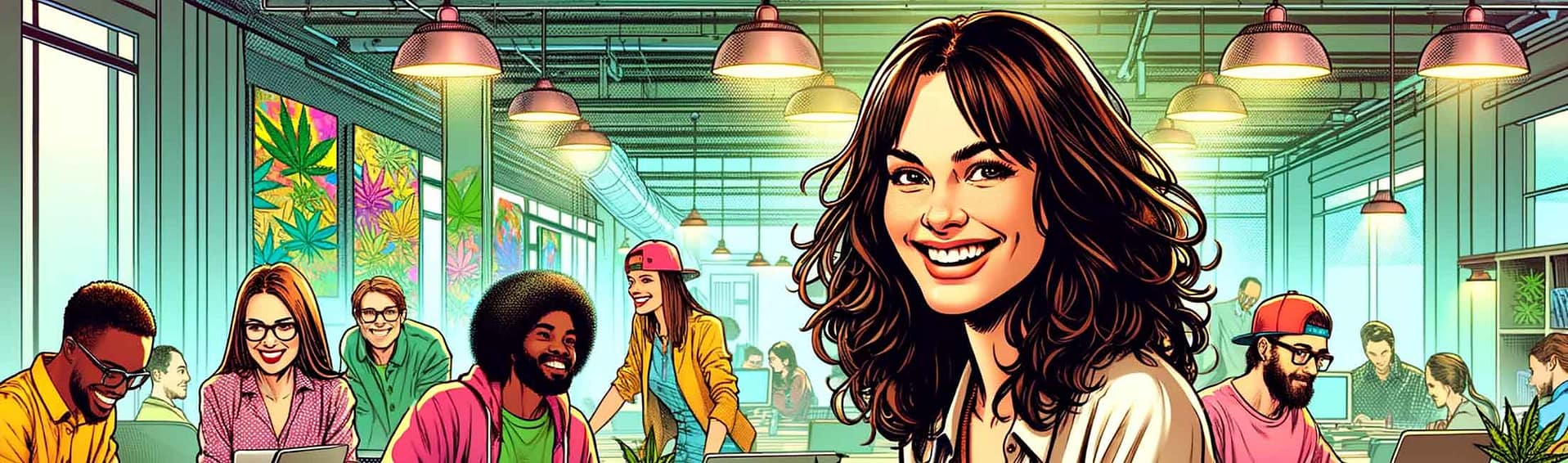 Woman smiling at you, sitting at a table with other members of her team.