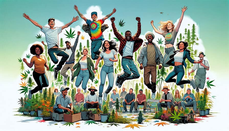 People jumping for joy because their cannabis resume helped them land a cannabis job.