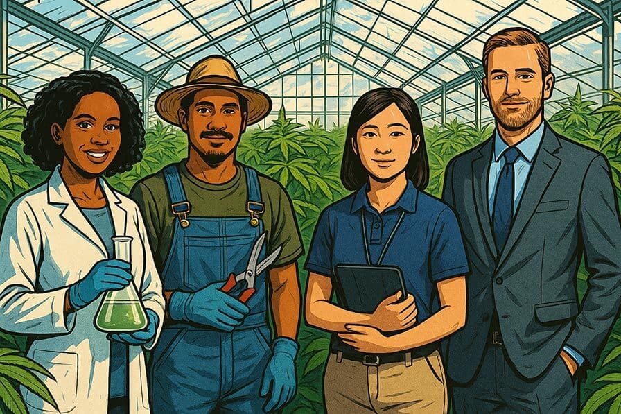 Cannabis Careers: Full-color illustration of four cannabis professionals—scientist, cultivator, compliance manager, and executive—standing in a bright greenhouse.